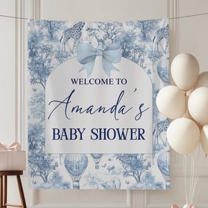 Safari Toile Baby Shower Backdrop Blue Toile de Jouy Themed Shower Safari Baby Shower Photo Welcome Banner Chinoiserie Party Decorations