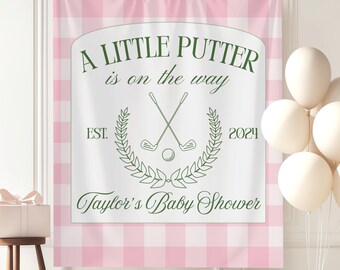 Pink Golf Baby Shower Banner Golf Couples Baby Shower Party Backdrop Gingham Baby Sprinkle Photo Background Golf Sports Theme Baby Shower