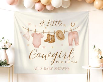 A Little Cowgirl Is On The Way Baby Shower Banner Western Theme Shower Tapestry Cowgirl Clothesline Photo Backdrop Western Baby Shower Signs