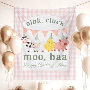 オインクルック、モーバァ、誕生日パーティー背景、農場の動物、女の子と男の子の誕生日パーティー動物デコレーション、納屋の誕生日写真バナー