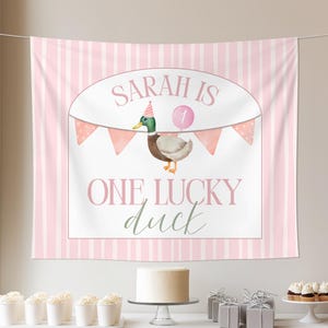 Pink One Lucky Duck First Birthday Party Backdrop Mallard Duck 1st Birthday Theme Custom Welcome Sign Duck Birthday Wall Tapestry Decoration
