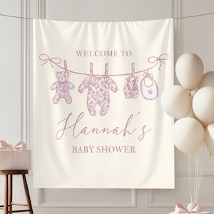 Pink Toile de Jouy Baby Shower Banner Personalized Chinisoire Girl Baby Shower Decor Baby Clothesline Photo Backdrop Gender Neutral Shower