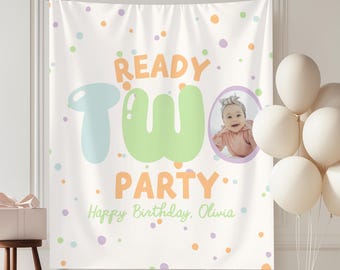 Klaar TWEE-feest 2e verjaardagsfeestje achtergrond Gezicht foto banner tweede verjaardag genderneutraal 2e verjaardag decoraties peuter verjaardag