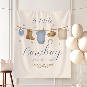 A Little Cowboy Is On The Way Baby Shower Banner Western Theme Shower Tapestry Cowboy Clothesline Photo Backdrop Western Baby Shower Signs