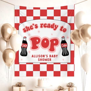 She&#39;s Ready to Pop Baby Shower Banner 50s Diner Baby Shower Party Decorations Retro Shower Photo Backdrop Soda Pop Couples Shower Decor
