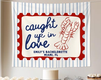 Banner de despedida de soltera "Atrapados en el amor", telón de fondo para fiesta de despedida de soltera costera con langosta, fondo fotográfico de Nantucket de la costa este, decoración de despedida de soltera de Charleston