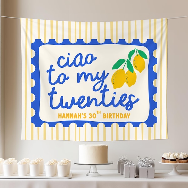 Banner de fiesta de cumpleaños número 30 con limón italiano, Ciao a mis veinte, fondo fotográfico, letrero de cumpleaños mediterráneo con cítricos, decoración para fiesta en la costa de Amalfi