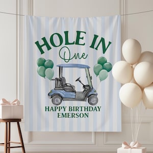 Hole in One First Birthday Party Banner Golf 1st Birthday Party Backdrop Gingham Boys Birthday Photo Background Golf Sports Birthday Theme