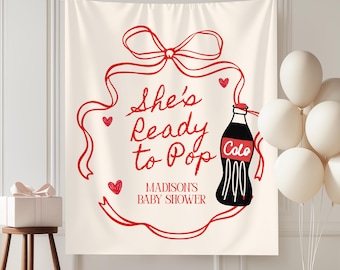Fondo para fiesta de baby shower "She's Ready to Pop", tema de restaurante retro para bebé, fondo fotográfico con chispas para baby shower, tema de refresco.