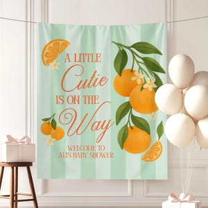 A Little Cutie is On The Way Baby Shower Banner Custom Orange Gender Neutral Shower Decor Mandarin Orange Cutie Baby Shower Photo Backdrop