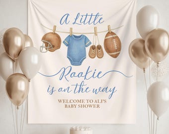 Fußball-Babyparty-Hintergrund Kleiner Rookie ist auf dem Weg Thema Baby Sprinkle Foto Hintergrund Fußball Sport Thema Babyparty