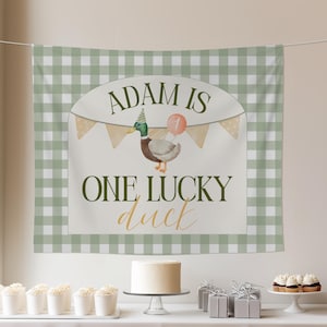 One Lucky Duck First Birthday Party Backdrop Mallard Duck 1st Birthday Theme Custom Welcome Sign Duck Birthday Wall Tapestry Decorations