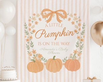 Pumpkin Baby Shower Banner Little Pumpkin Is On The Way Baby Shower Sign Fall Theme Shower Backdrop Pumpkin Shower Decorations Custom Signs