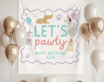 Puppy Pawty Birthday Custom Banner Backdrop Boys Girls Dog Birthday Party Dog Face Garland Lets Pawty Puppy 1st Birthday Two Let the Dogs