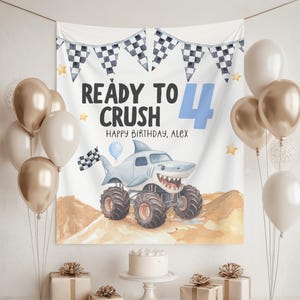 Banner personalizado para fiesta de cumpleaños de Monster Truck con diseño de tiburón y tema de camión. Telón de fondo para fiesta de cumpleaños de Monster Truck con temática de camión.
