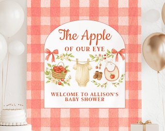 Banner de baby shower "Manzana de nuestros ojos" personalizado, decoración de ducha de género neutro, tema de otoño, huerto de manzanas, fondo de fotos para baby shower