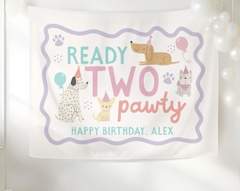 2nd Puppy Pawty Birthday Custom Banner Backdrop Boys Girls Dog Birthday Party Dog Face Garland Lets Pawty Puppy 1st Birthday Ready TWO Party