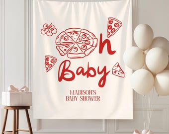 May include: A cream-colored baby shower backdrop with red pizza-themed illustrations and the words "Oh Baby." The text "Madison's Baby Shower" is also displayed. White balloons and a gift box are visible.