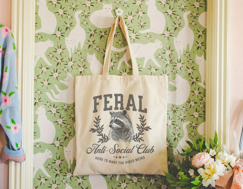 Feral Raccoon Social Club Tote Bag Funny Raccoon Feral Era Gift Support Local Street Cats Trash Panda Raccoon Lover Funny Present