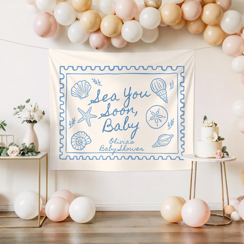 Sea You Soon Baby Shower Welcome Sign Custom Ocean Theme Baby Shower Banner Sea Shells Baby Sprinkle Decorations Gender Neutral Baby Shower image 3