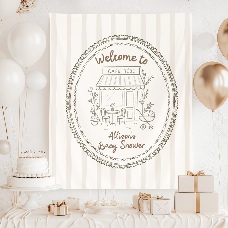 Custom Cafe Bebe Baby Shower Baby is Brewing Coffee Theme Shower Decorations Paris Cafe Shower Photo Backdrop Love is Brewing Shower image 3