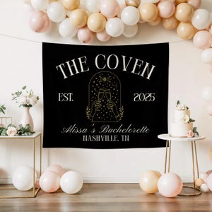 Custom Witchy Bachelorette Party Banner The Coven Bach Party Backdrop Gothic Wedding Photo Background Celestial Bachelorette Decor image 2