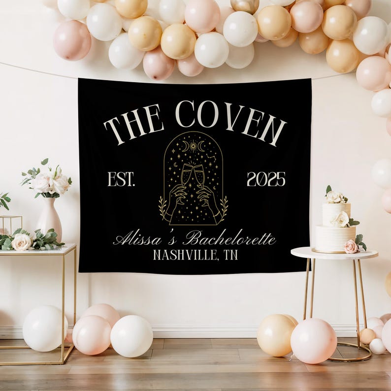 Custom Witchy Bachelorette Party Banner The Coven Bach Party Backdrop Gothic Wedding Photo Background Celestial Bachelorette Decor image 2