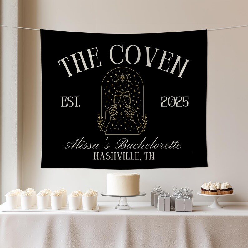 Custom Witchy Bachelorette Party Banner The Coven Bach Party Backdrop Gothic Wedding Photo Background Celestial Bachelorette Decor image 4