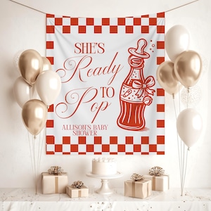 She&#39;s Ready to Pop Baby Shower Banner 50s Diner Baby Shower Party Decorations Retro Shower Photo Backdrop Soda Pop Couples Shower Decor