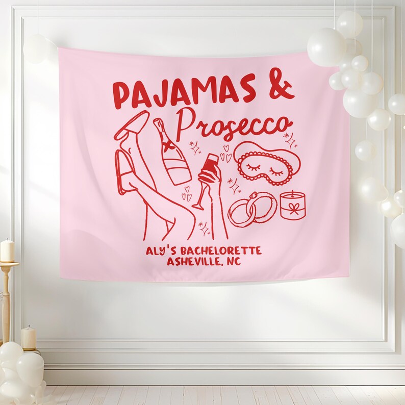 Pancarta de despedida de soltera con pijamas y prosecco, tapiz personalizado para fiesta de pijamas, decoraciones para despedida de soltera con temática "Getting Girls Gone Mild" imagen 5