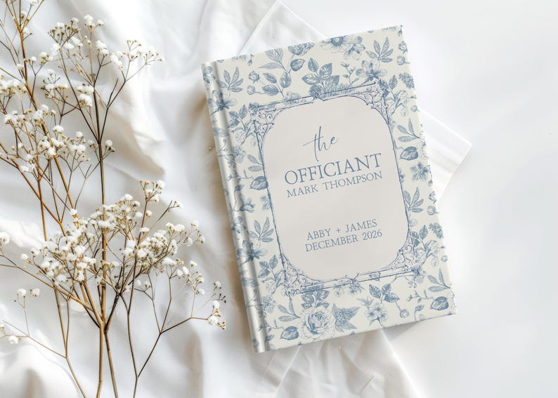 Libro personalizado de notas de ceremonia de Toile de Jouy francés para oficiantes, regalo de agradecimiento en azul polvoriento, caja de propuesta para oficiantes de bodas, diario para oficiantes, regalo. imagen 5