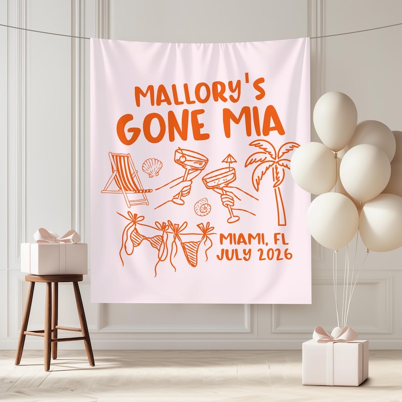 Miami Bachelorette Party Banner Custom She's Gone MIA Bach Party Tapestry Miami Beach Theme Bachelorette Decor Ideas image 1