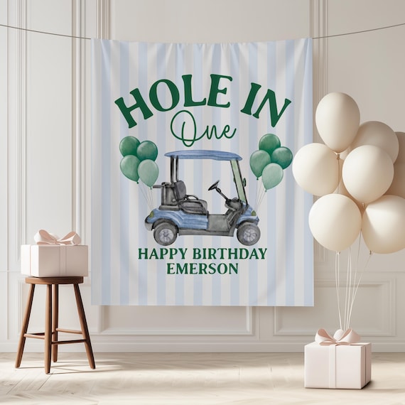 Hole in One First Birthday Party Banner Golf 1st Birthday Party Backdrop Gingham Boys Birthday Photo Background Golf Sports Birthday Theme