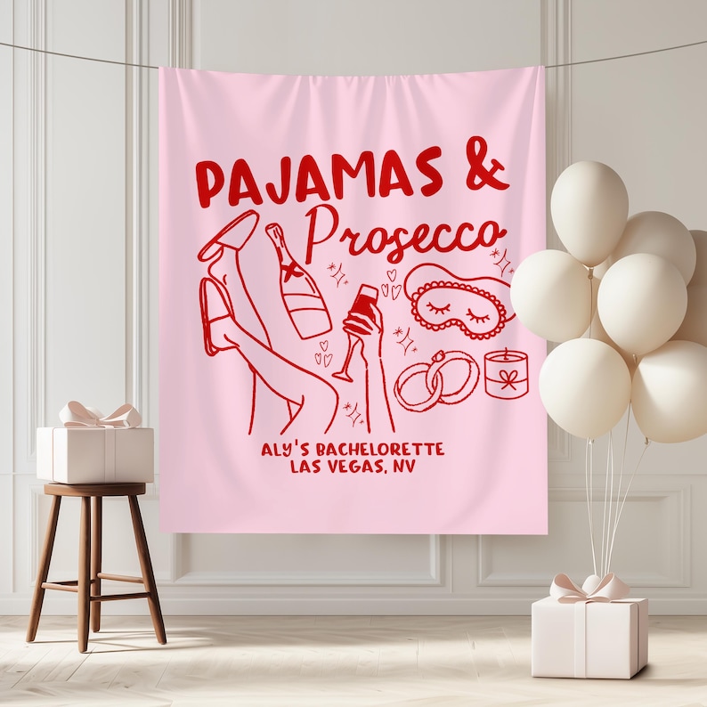 Pancarta de despedida de soltera con pijamas y prosecco, tapiz personalizado para fiesta de pijamas, decoraciones para despedida de soltera con temática "Getting Girls Gone Mild" imagen 1