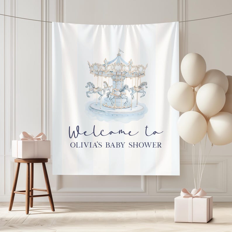 Carousel Baby Shower Welcome Sign Custom Blue Carousel Theme Baby ...