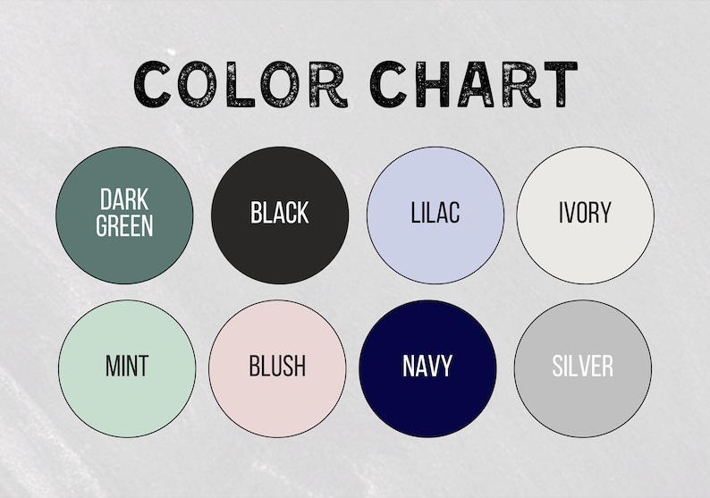 Puede incluir: Carta de colores con 10 muestras de colores. Los colores son: verde oscuro, negro, lila, marfil, menta, rubor, azul marino, plata.