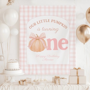 Pompoen Eerste verjaardagsfeestje Banner Our Little Pumpkin is Turning One Achtergrond herfstthema 1e verjaardag fotoachtergrond gingang verjaardag dec afbeelding 1