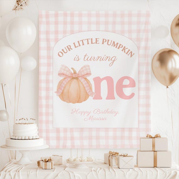 Pumpkin First Birthday Party Banner Our Little Pumpkin is Turning One Backdrop Fall Theme 1st Birthday Photo Background Gingham Birthday Dec