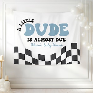 A Little Dude is Almost Due Welkomstbord babyshower Custom retro geruit thema babyshower banner skater jongen babyshower decoraties