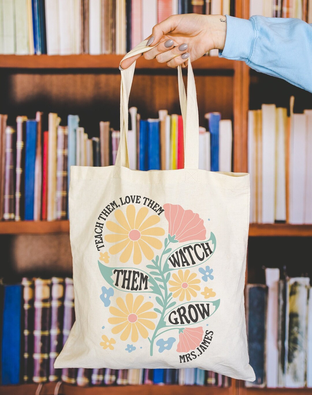 Personalized Floral Teacher Tote Bag Custom Teacher Name Gifts Teacher ...
