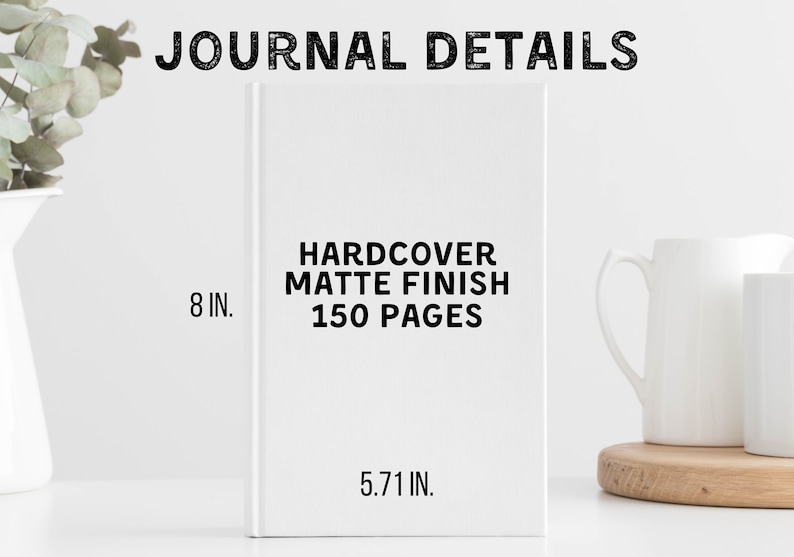 Puede incluir: Un diario de tapa dura blanco con un acabado mate. El diario mide 8 pulgadas de alto y 5,71 pulgadas de ancho. El texto en la portada del diario dice "Hardcover Matte Finish 150 Pages".