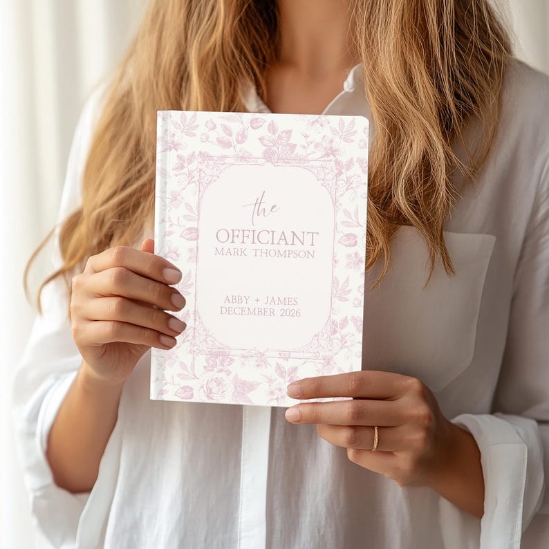 Libro personalizado de notas de ceremonia de Toile de Jouy francés para oficiantes, regalo de agradecimiento en azul polvoriento, caja de propuesta para oficiantes de bodas, diario para oficiantes, regalo. imagen 3