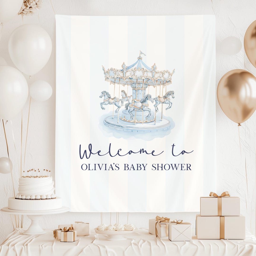 Carousel Baby Shower Welcome Sign Custom Blue Carousel Theme Baby ...