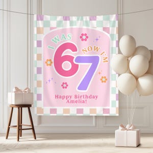 6-7 födelsedagsfestbanderoll Anpassade 7-årsdekorationer 6-7 födelsedagstemaskylt Idéer för sjunde födelsedagsfest bild 6