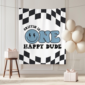 One Happy Dude Birthday Party Banner First Birthday Welcome Sign Custom Retro Checkered Theme 1st Birthday Banner Skateboard Boy Decorations image 9