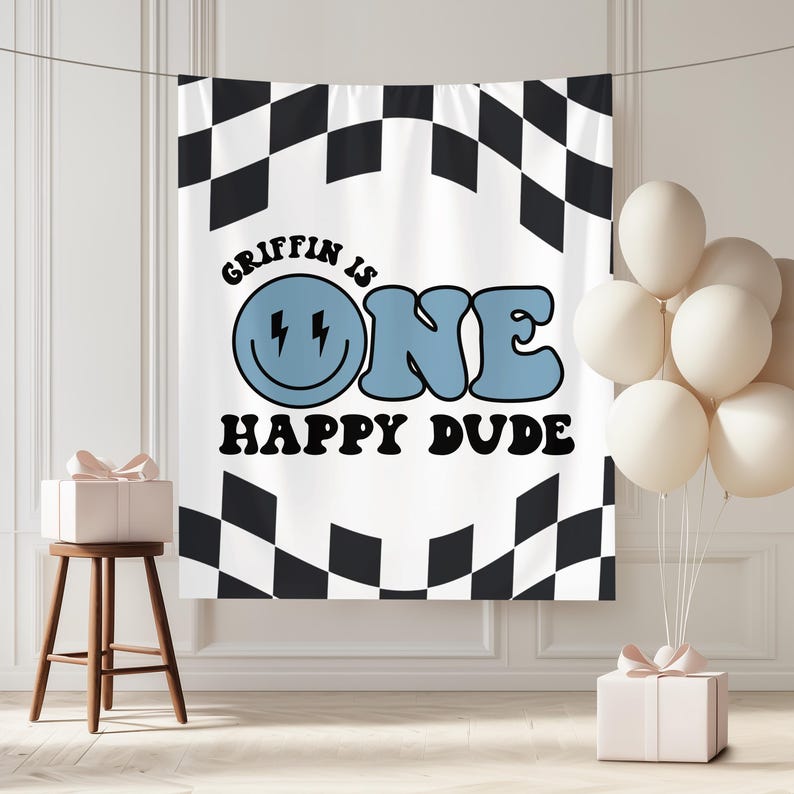 One Happy Dude Birthday Party Banner First Birthday Welcome Sign Custom Retro Checkered Theme 1st Birthday Banner Skateboard Boy Decorations image 9