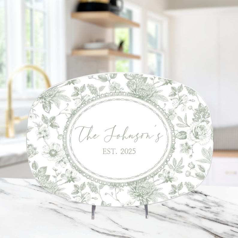 Custom Sage Green Toile de Jouy Platter Personalized Mr. and Mrs. Wedding Gift Family Name Plate Unique Gift Bride and Groom Bridal Shower