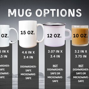 Pode incluir: Quatro canecas diferentes com tamanhos e materiais variados. As canecas s&atilde;o etiquetadas com o seu tamanho em on&ccedil;as: 11 oz, 15 oz, 12 oz e 10 oz. As canecas tamb&eacute;m s&atilde;o etiquetadas com as suas dimens&otilde;es em polegadas. As duas primeiras canecas s&atilde;o de cer&acirc;mica branca, a terceira &eacute; de esmalte branco e a quarta &eacute; de vidro transparente. As duas primeiras canecas s&atilde;o lav&aacute;veis na m&aacute;quina de lavar lou&ccedil;a e no microondas, a terceira n&atilde;o &eacute; lav&aacute;vel na m&aacute;quina de lavar lou&ccedil;a nem no microondas, e a quarta n&atilde;o &eacute; lav&aacute;vel na m&aacute;quina de lavar lou&ccedil;a nem no microondas.