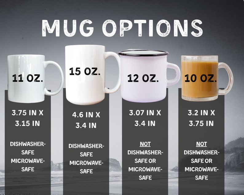 Pode incluir: Quatro canecas diferentes com tamanhos e materiais variados. As canecas s&atilde;o etiquetadas com o seu tamanho em on&ccedil;as: 11 oz, 15 oz, 12 oz e 10 oz. As canecas tamb&eacute;m s&atilde;o etiquetadas com as suas dimens&otilde;es em polegadas. As duas primeiras canecas s&atilde;o de cer&acirc;mica branca, a terceira &eacute; de esmalte branco e a quarta &eacute; de vidro transparente. As duas primeiras canecas s&atilde;o lav&aacute;veis na m&aacute;quina de lavar lou&ccedil;a e no microondas, a terceira n&atilde;o &eacute; lav&aacute;vel na m&aacute;quina de lavar lou&ccedil;a nem no microondas, e a quarta n&atilde;o &eacute; lav&aacute;vel na m&aacute;quina de lavar lou&ccedil;a nem no microondas.