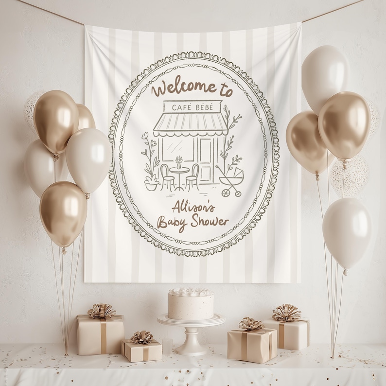 Custom Cafe Bebe Baby Shower Baby is Brewing Coffee Theme Shower Decorations Paris Cafe Shower Photo Backdrop Love is Brewing Shower image 1